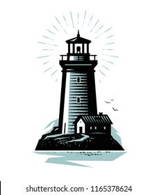 Lighthouse logo or label. Marine concept. Vector illustration