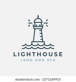 lighthouse logo line art with sea vector illustration template design, beacon icon design
