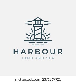 lighthouse logo line art vector with sun, stone and sea illustration template design