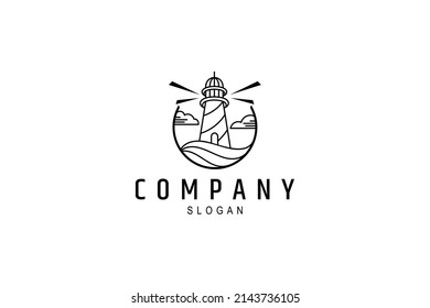 lighthouse logo in the middle of the sea with lights shining on it