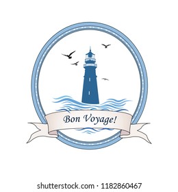 Lighthouse logo. Nautical icon with lighthouse, ocean waves, gull birds. Travel voyage card design