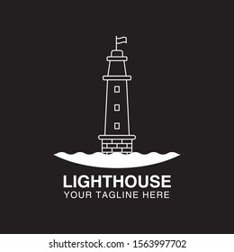 Lighthouse logo. Nautical icon with lighthouse with ocean waves and Flag