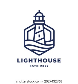 Lighthouse logo. Nautical light beacon line icon. Maritime harbor building symbol. Vector illustration.