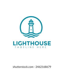 Lighthouse logo. Nautical light beacon line icon. Maritime harbor building symbol. Vector illustration.