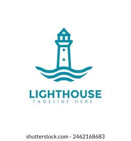 Lighthouse logo. Nautical light beacon line icon. Maritime harbor building symbol. Vector illustration.