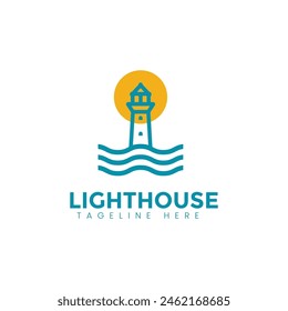 Lighthouse logo. Nautical light beacon line icon. Maritime harbor building symbol. Vector illustration.