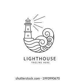 lighthouse logo with ocean wave line art style design illustration