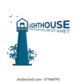 Lighthouse logo. Palm and birds. Vector flat illustration