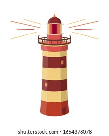 Lighthouse logo. Path lighting. Flat design, vector trendy illustration.  Searchlight icon design inspiration. Modern colorful simple template in retro colors. Red and yellow vintage palette.