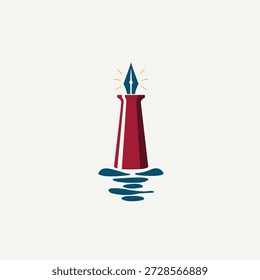 Lighthouse logo with a pen shape that stands as if on water with a unique semi-flat vector concept