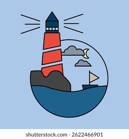 Lighthouse logo. Sea, ship, rocks, moon, clouds in a circle. Flat style.