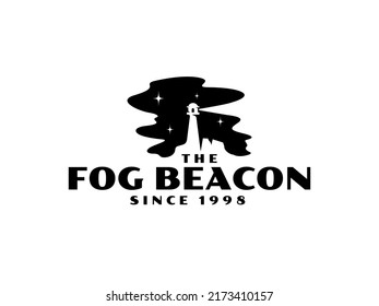 lighthouse logo. Lighthouse Searchlight Beacon Tower with fog Island Beach logo