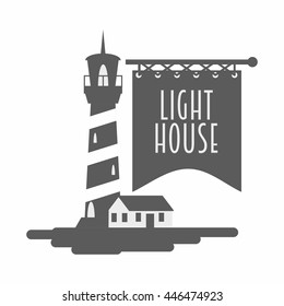 Lighthouse logo, sign or symbol template design. Black and white monochrome vector illustration.
