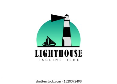 lighthouse logo template with a ship on a turquoise modern gradient