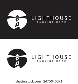 Lighthouse logo vector beacon tower ship signal simple beach port design template