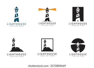 Lighthouse logo vector beacon tower ship signal simple beach port design template collection bundle set 