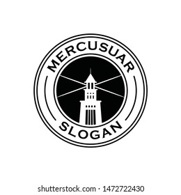 Lighthouse logo vintage vector with sea or ocean light signal. Beacon silhouette icon