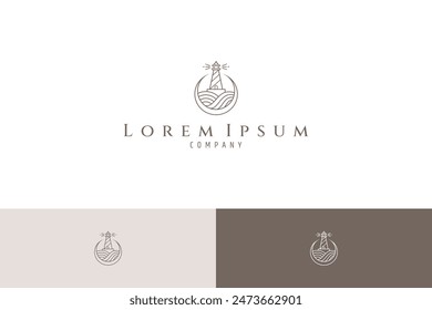 lighthouse logo with waves in line art design style