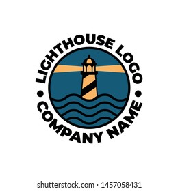 lighthouse logo when the sun sets over the sea, emblem and stamp