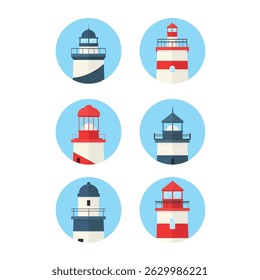 Lighthouse logos isolated on white background. Coastal, guiding lighthouses. Navigation towers.