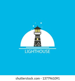 a lighthouse of logos, with a lighthouse on the sea and a flicker of light and sun. unique, concept, vector.