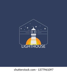 a lighthouse of logos, with a lighthouse and twinkling space and sun. unique, concept, vector.