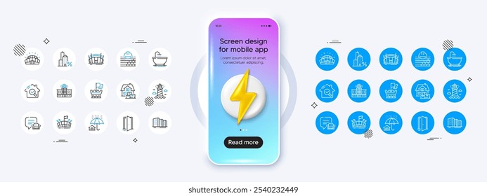 Farol, Lounge e Abrir ícones da linha da porta. Montagem de telefone com ícone de energia 3d. Pacote de Estádio Esportivo, Arena, Ícone de Seguro Doméstico. Estádio Arena, Edifícios, Pictograma de construção. Vetor