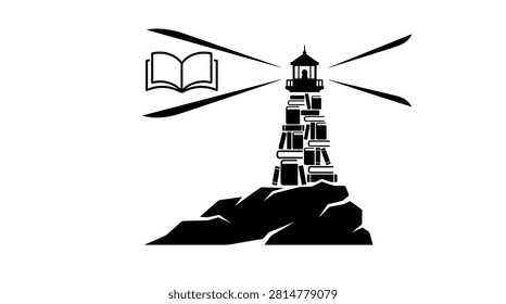 Lighthouse made of books shining light on an open book symbolizing knowledge and guidance