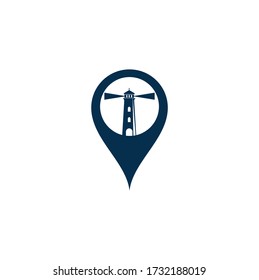 Lighthouse map pin shape concept vector logo design. Lighthouse icon logo design vector template illustration.
