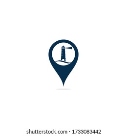 Lighthouse map pin shape concept vector logo design. Waves Lighthouse icon logo design vector template illustration.