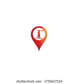 Lighthouse map pin shape concept vector logo design. Waves Lighthouse icon logo design vector template illustration.	