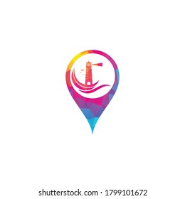 Lighthouse map pin shape concept vector logo design. Waves Lighthouse icon logo design vector .