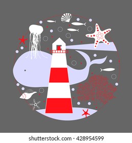Lighthouse and marine life.Vector illustration