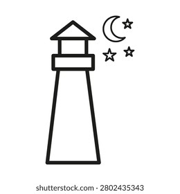 Lighthouse marine navigation tower features linear vector element. Represents night sea travel and coastal safety guidance. eps 10