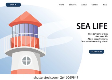 Lighthouse. Marine, sea coast, sea life, nautical concept. Vector illustration. Website, banner template.