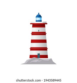 Lighthouse marine tower with searchlight to navigate ships isolated icon. Vector beacon nautical building. Seafarer striped construction with entrance door and windows, rocky land at coastline
