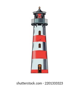 Lighthouse. Maritime and nautical element illustration. Vintage design with sea animals, ship, wave, anchor, pipe and bell isolated vector. Marine objects and accessories