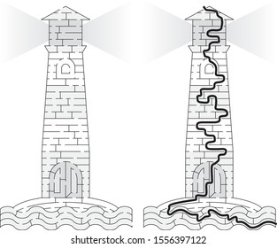 Lighthouse maze for kids with a solution in black and white