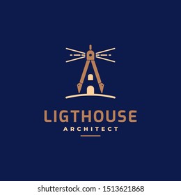 Lighthouse and measuring instrument tool logo. Creative architect logo design inspiration.