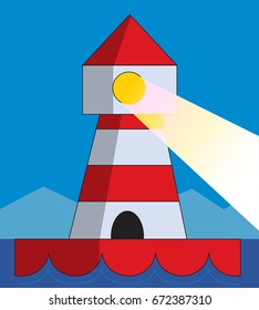 The lighthouse in the middle of the ocean shines. Linear art