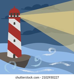 Lighthouse in the middle of the sea with waves and storm clouds cartoon flat vector illustration. Stylized seascape with a lighthouse and rays from it.
