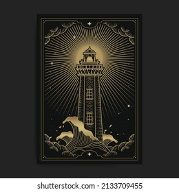 Lighthouse in the middle of the sea with waves and storm clouds, illustration with esoteric, boho, spiritual, geometric, astrology, magic themes, for tarot reader card or posters