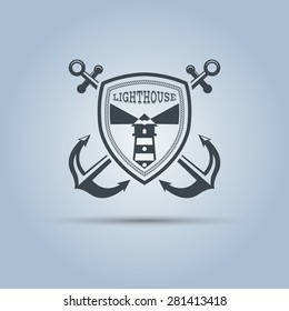 lighthouse in middle shield behind which two crossed anchor isolated vector label template 