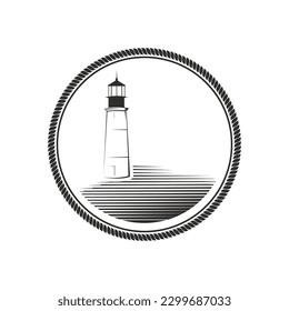 Lighthouse minimalist logo design vintage icon vector in circle ornament and badge style