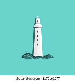 Lighthouse in modern style isolated on green background. Sea lighthouse stock vector picture