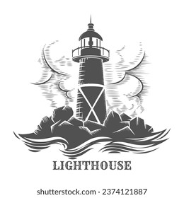 Lighthouse Monochrome Engraving Emblemisolated on white Vector illustration