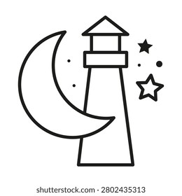 Lighthouse moon marine navigation features linear vector element. Visualizes sea ocean travel and coastal safety guidance. eps 10