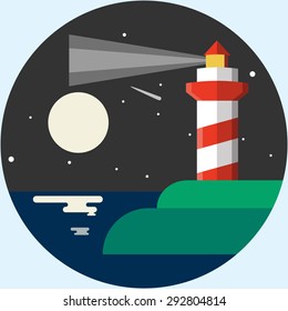 Lighthouse in the Moonlight .Vector Flat Illustration