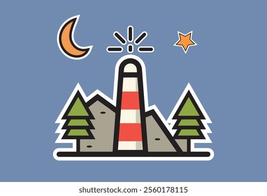 lighthouse with mountain background and moon and stars, cute cartoon design, this illustration icon can be changed as you wish