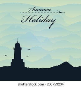 Lighthouse in the mountains. Summer landscape. Vector background can be used for postcards, banners, web pages, in computer design or template illustrations on the theme of traveling.